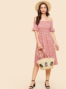 Plaid Flounce Sleeve Pleated Dress