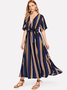 Self Tie Waist Striped Dress