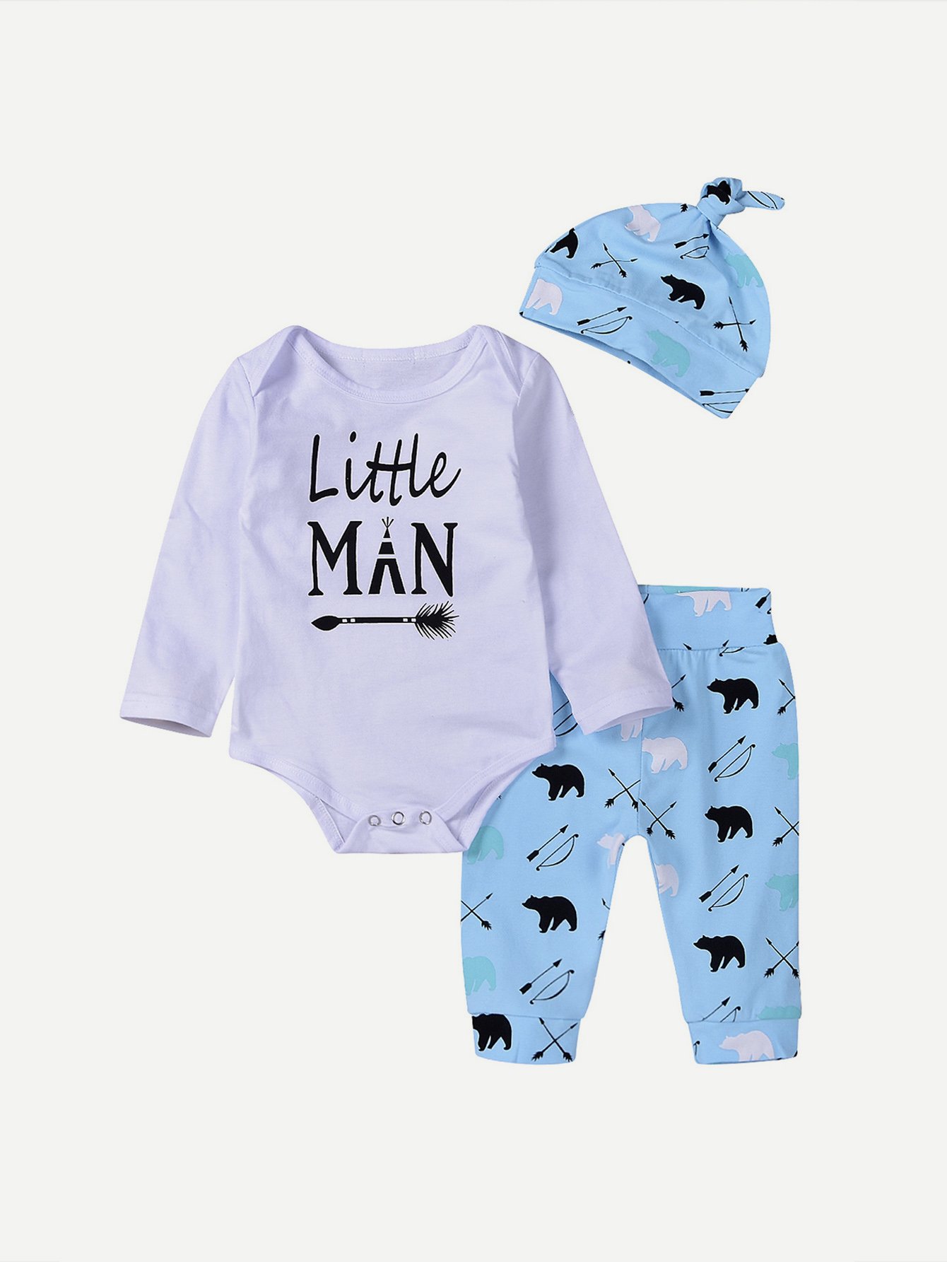 Boys Letter Print Romper & Animal Pants Set With Hat