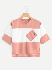 Color Block Chest Pocket Dip Hem Tee