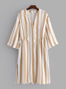 Vertical-Striped Slit Side Drawstring Dress