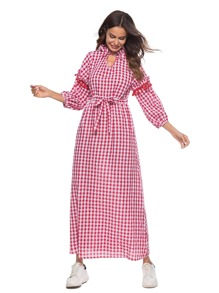 Plaid Tassel Detail Drawstring Waist Dress