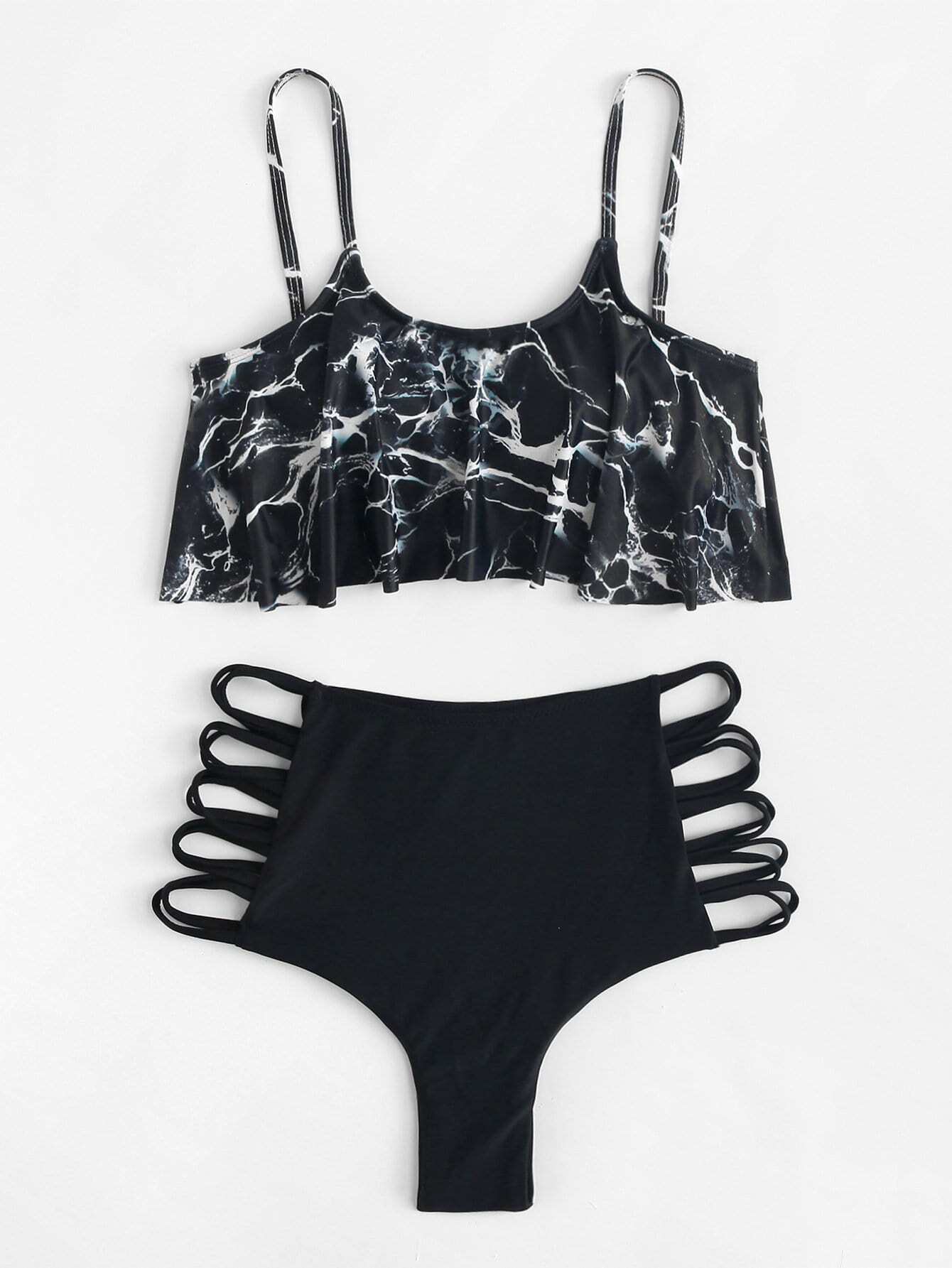 Ladder Cut-Out Marble Print Flounce Bikini Set