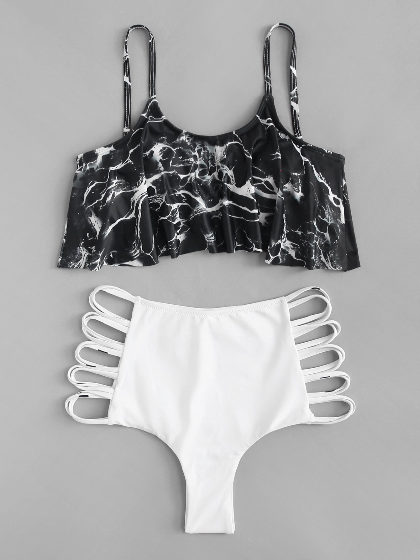 Ladder Cut-Out Marble Print Flounce Bikini Set