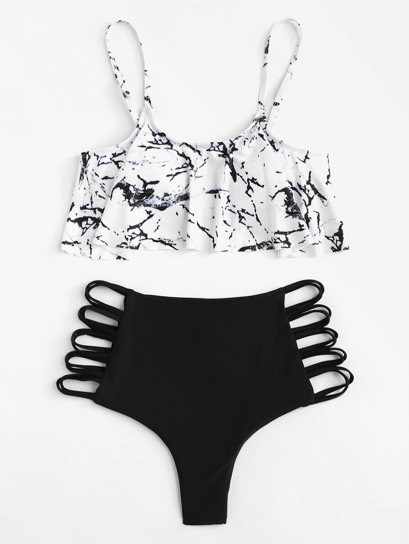 Ladder Cut-Out Marble Print Flounce Bikini Set