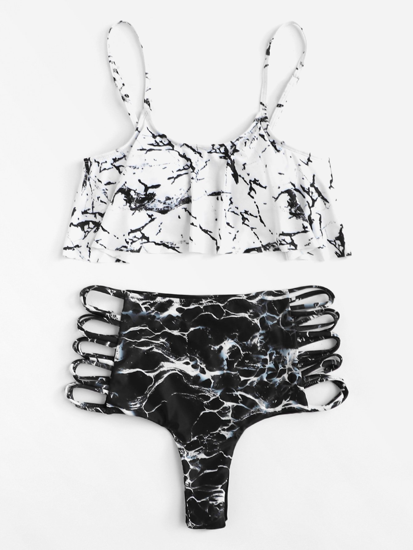 Ladder Cut-Out Marble Print Flounce Bikini Set
