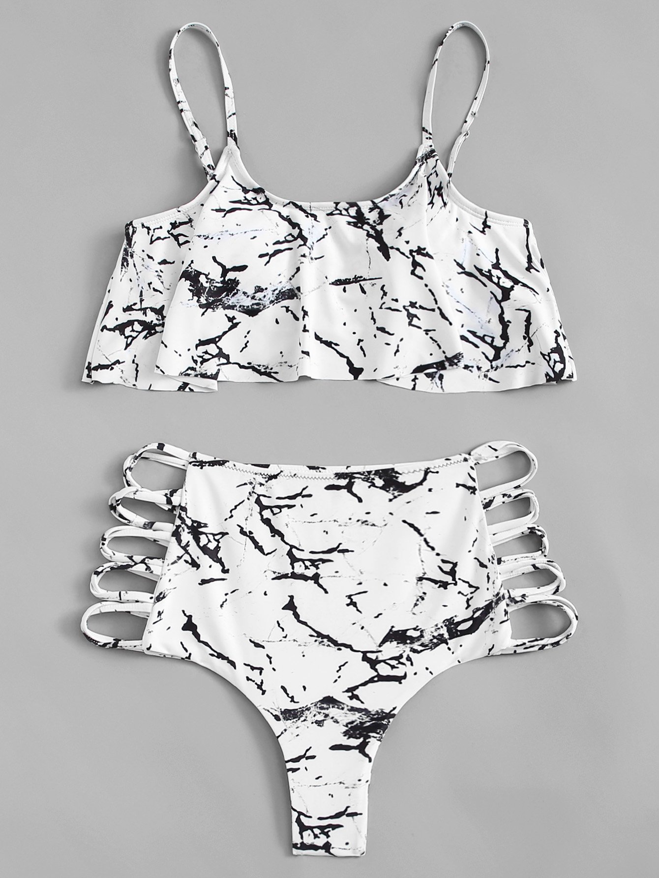 Ladder Cut-Out Marble Print Flounce Bikini Set