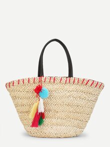 Pom Pom & Tassel Woven Tote Bag