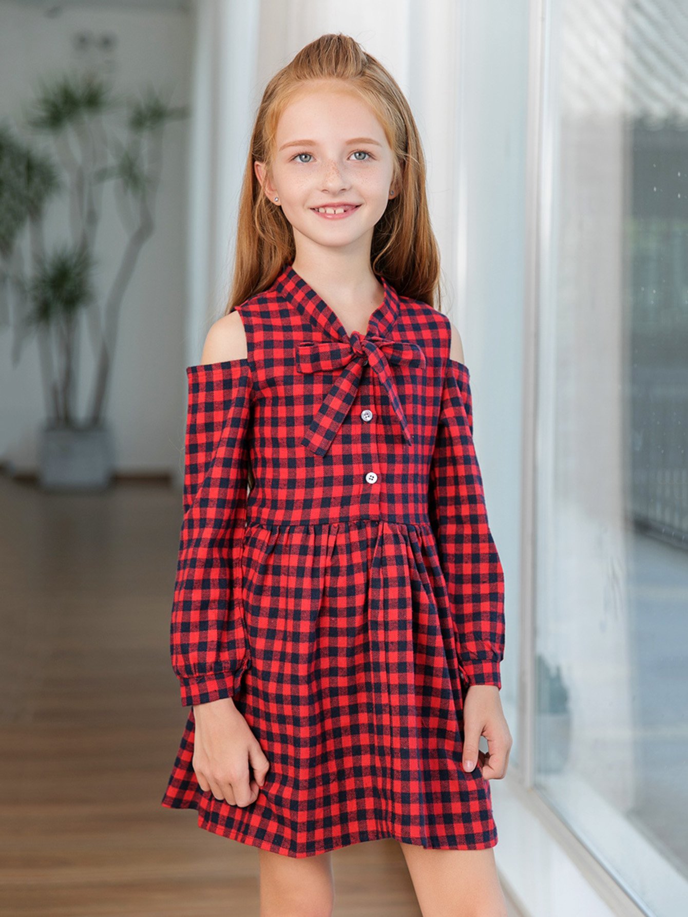 Girls Knot Detail Open Shoulder Gingham Dress