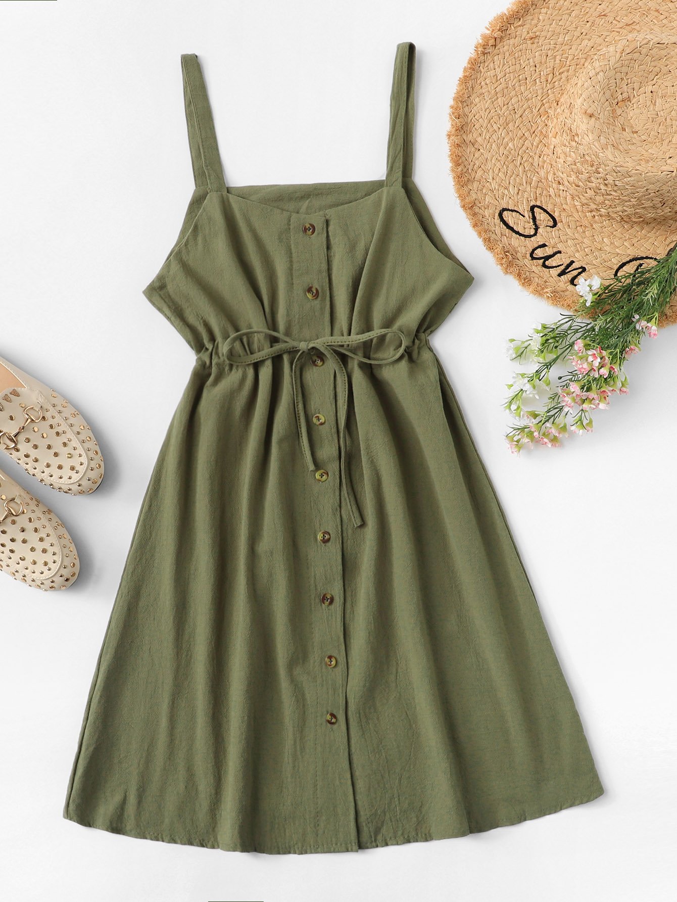 Single Breasted Drawstring Waist Pocket Side Dress
