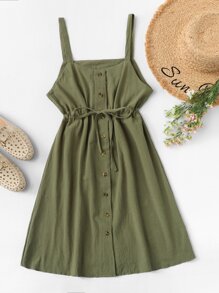 Single Breasted Drawstring Waist Pocket Side Dress