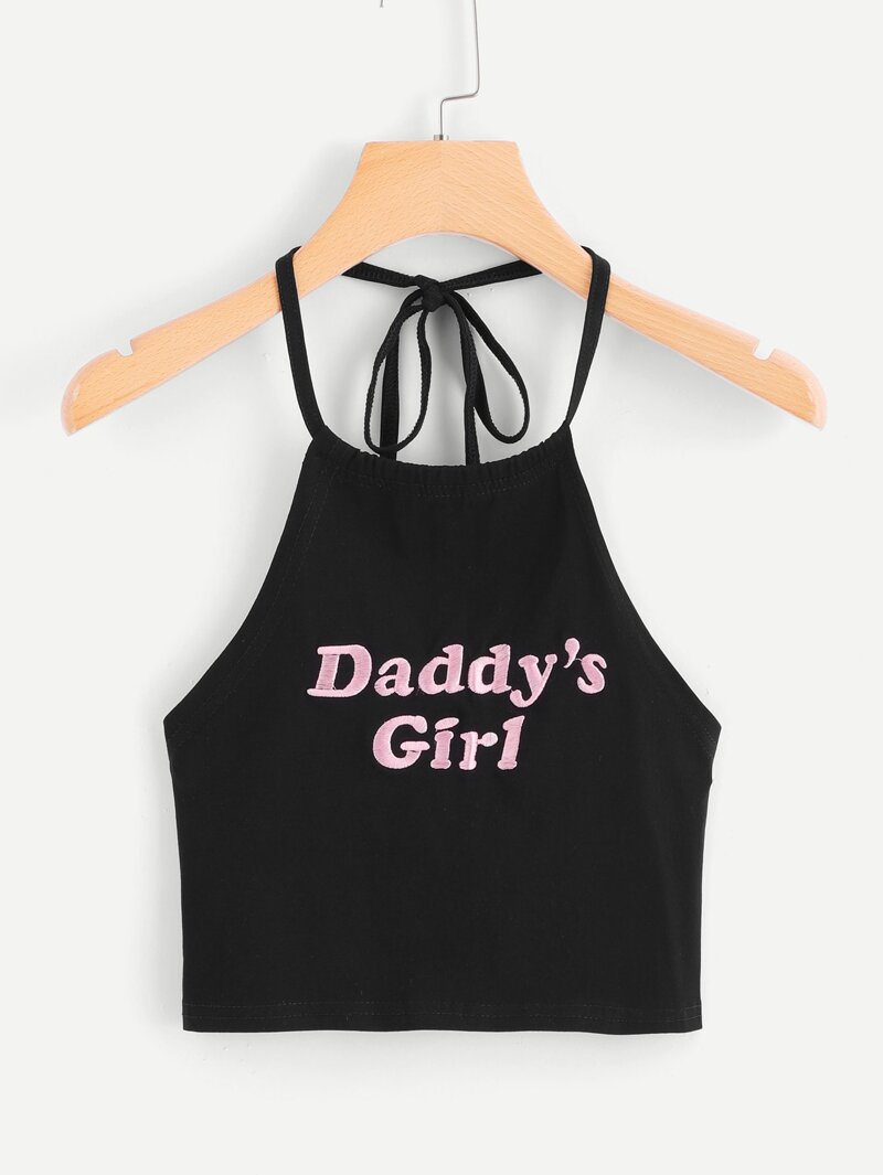 Letter Embroidery Halter Top, Black