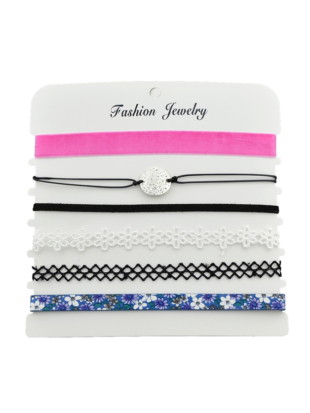 6 Pcs/Set Colorful Rope Chain Flower Pattern Pu Leather Choker Necklace Set
