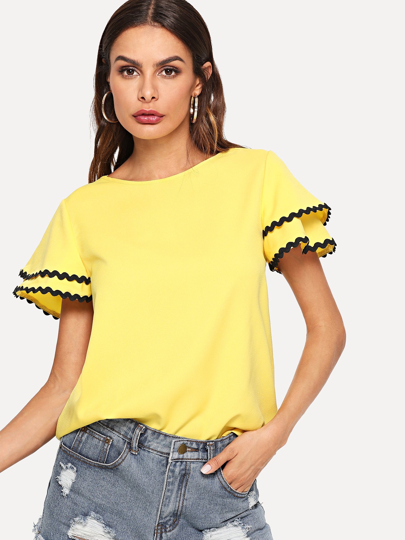 Контрастная волна Кружева Trim Layered Ruffle Sleeve Top