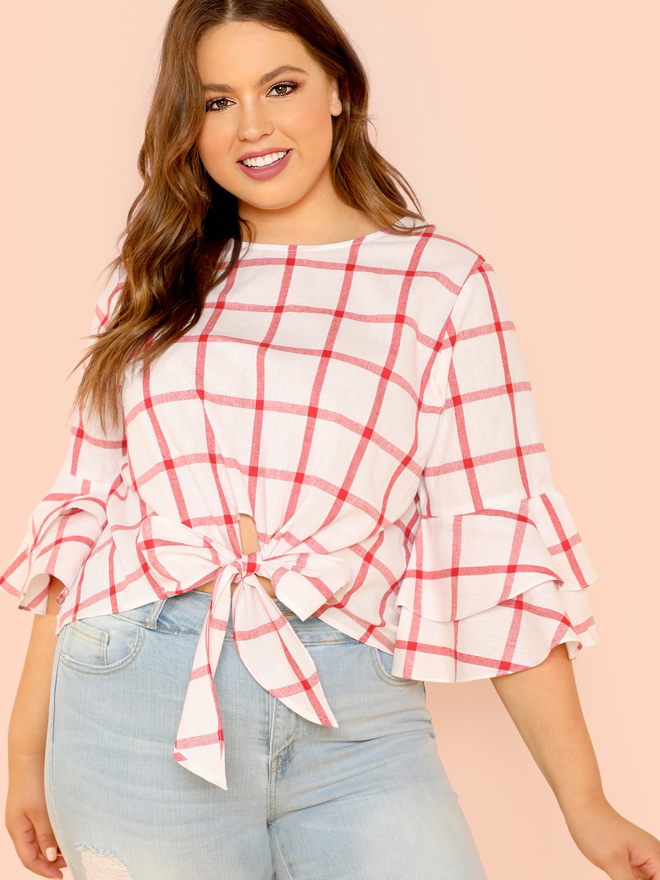Flounce Sleeve Keyhole Back Knot Hem Grid Blouse