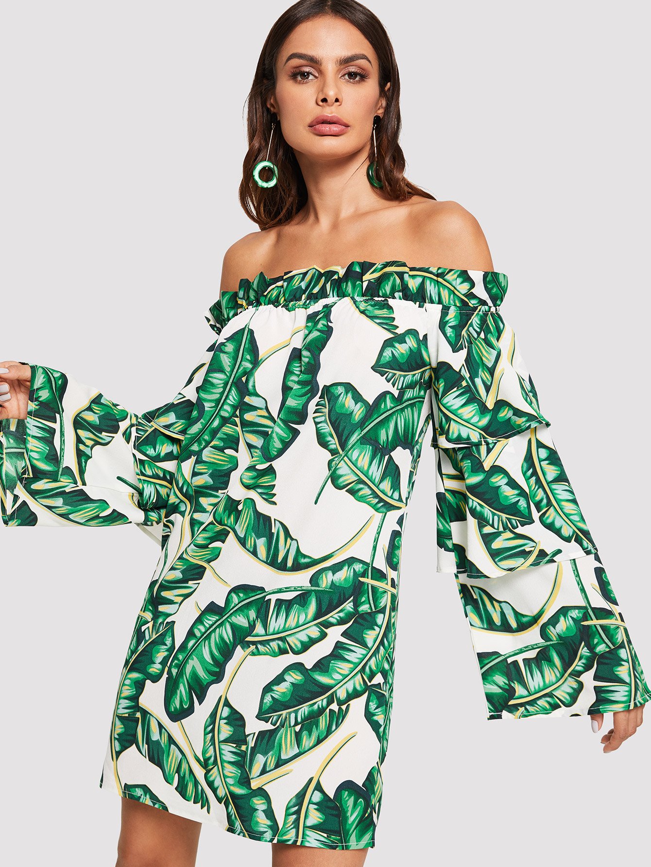 Tropical Print Layered Flounce Sleeve Frilled Bardot Dress