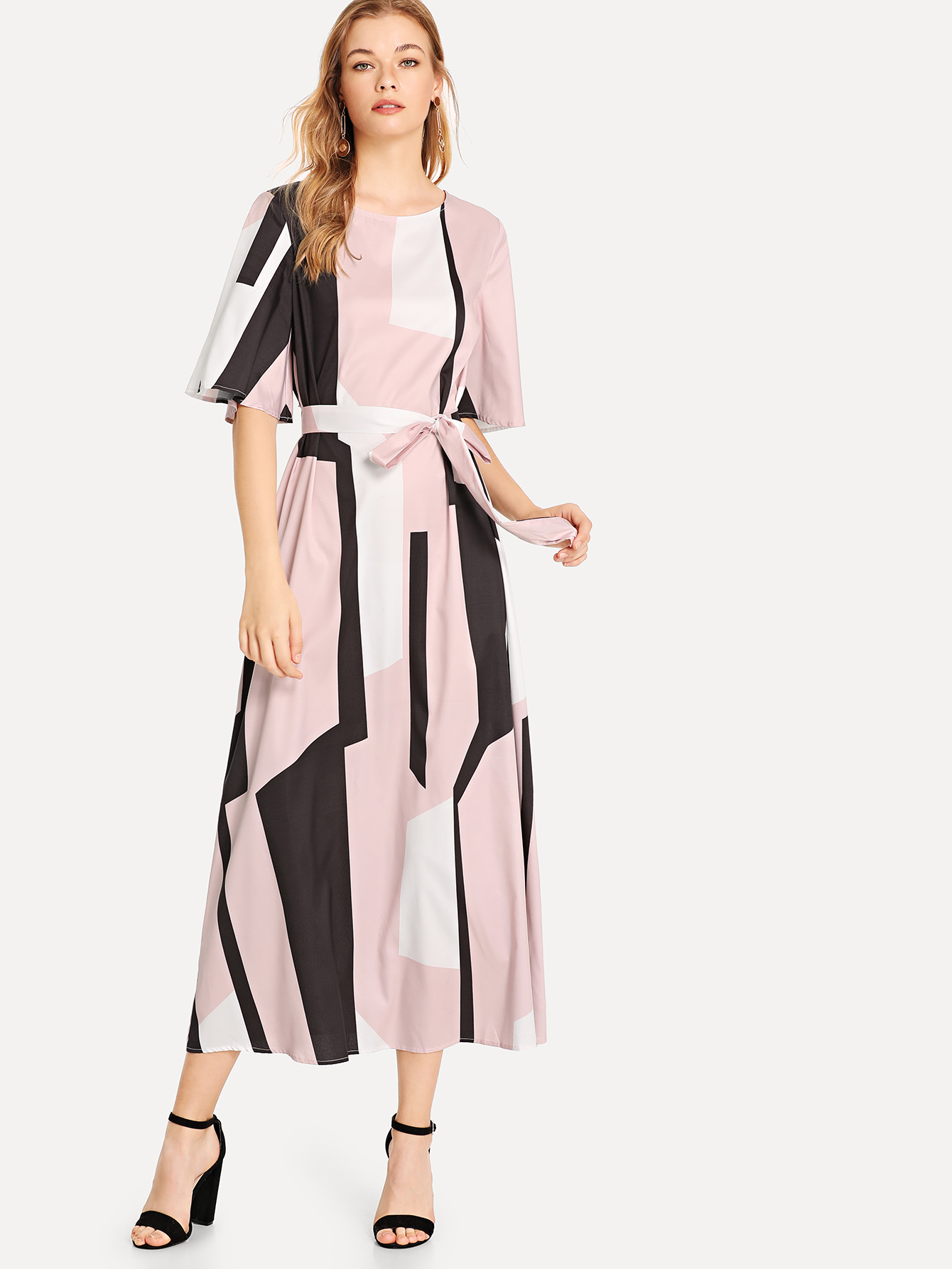 Платье с наручным рукавом Colorblock Self Belted Dress