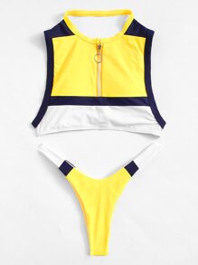 Zipper Front Colorblock Tankini Set