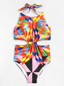Cut-Out Geometric Print Swimsuit
