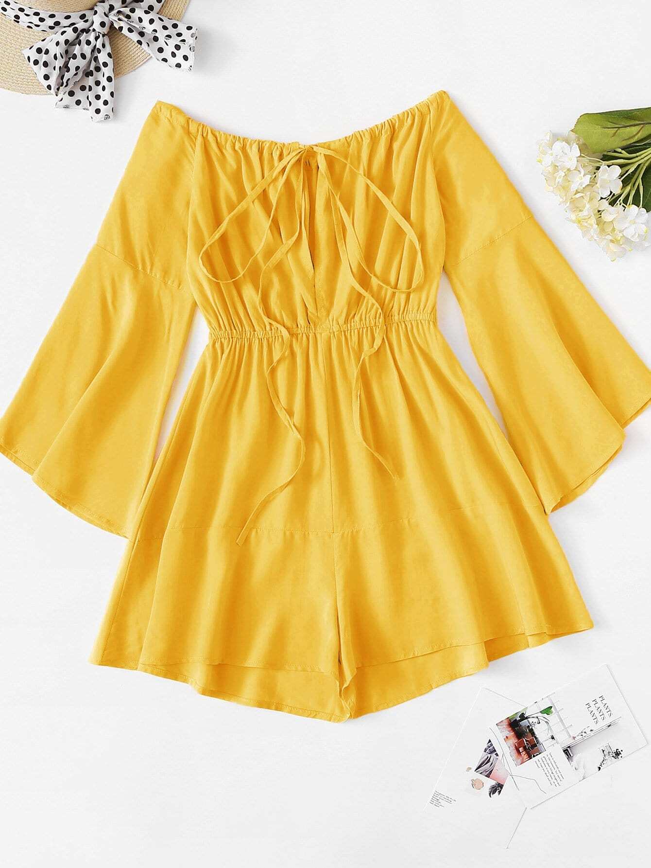 Bardot Drawstring Detail Flounce Sleeve Romper