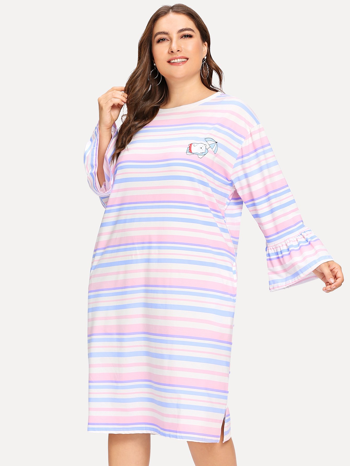 Plus Bear Print Flounce Sleeve Striped Night Dress