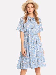 Tie Neck Floral Print Ruffle Hem Dress