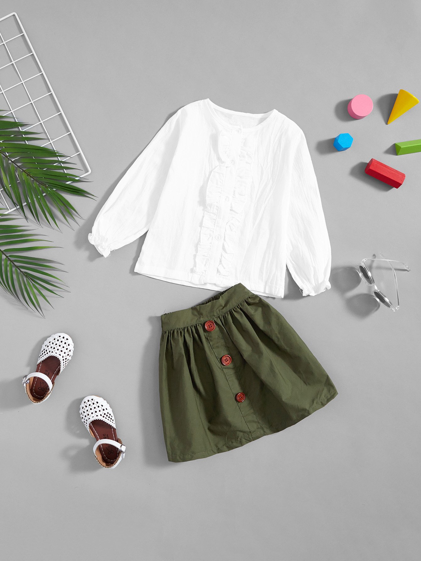 Girls Frill Plain Blouse With Button Decoration Skirt