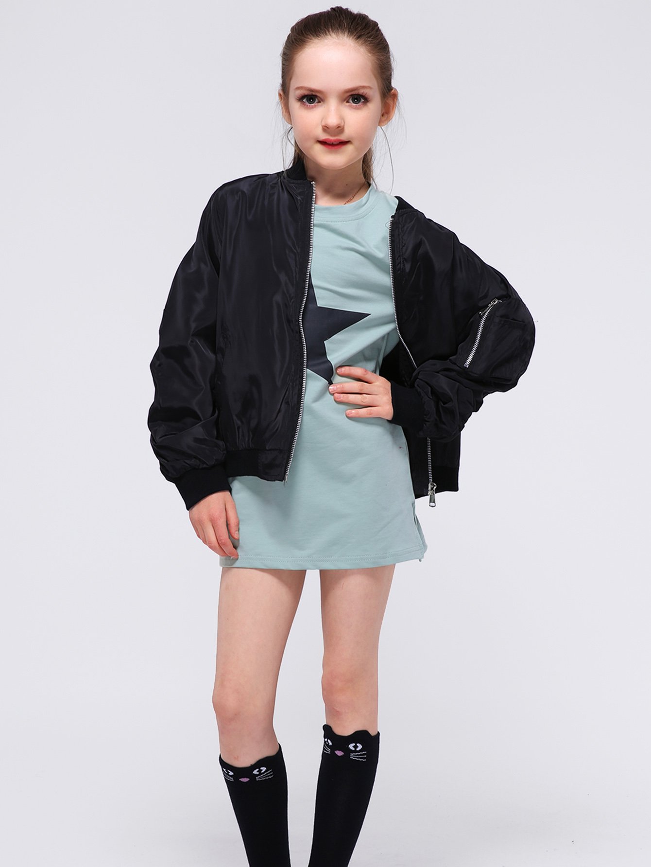 Girls Cat Embroidery Back Zipper Detail Jacket