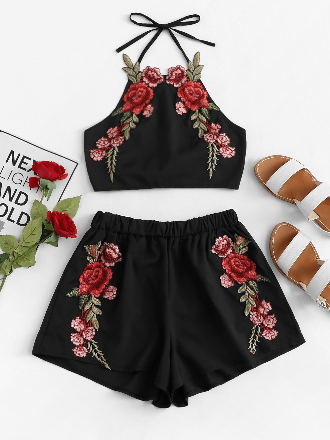 Розовый вышивка Bow Tie Open Back Top и Shorts Set