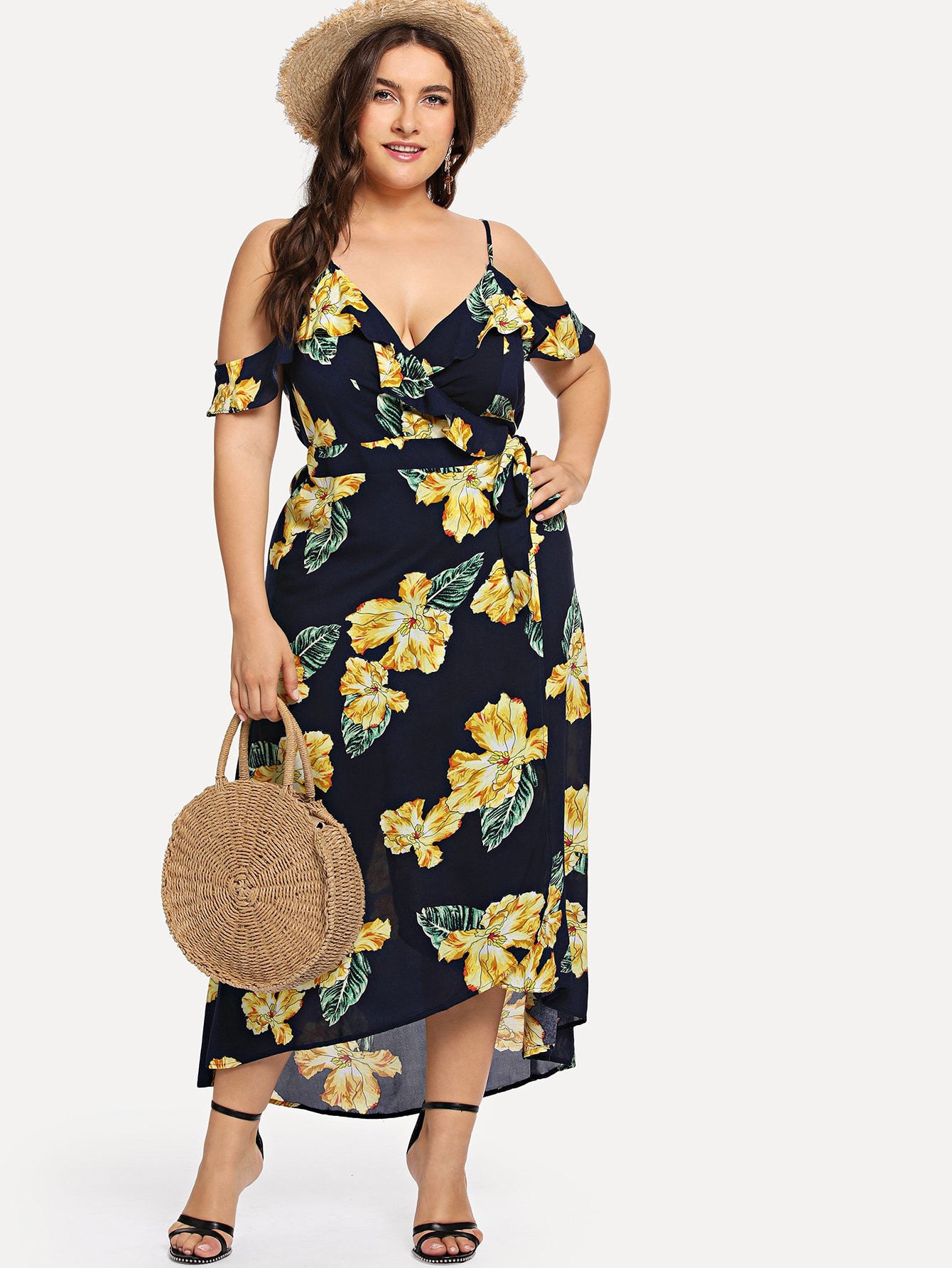Цветочная печать Ruffle Cold Shoulder Surplice Wrap Dress