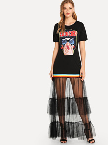 Figure Print Sheer Mesh Panel Tee Dress