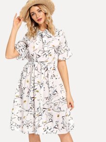 Floral Print Tie Neck Dress