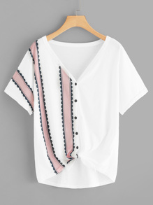Plus Button Through Knot Hem Striped Tee