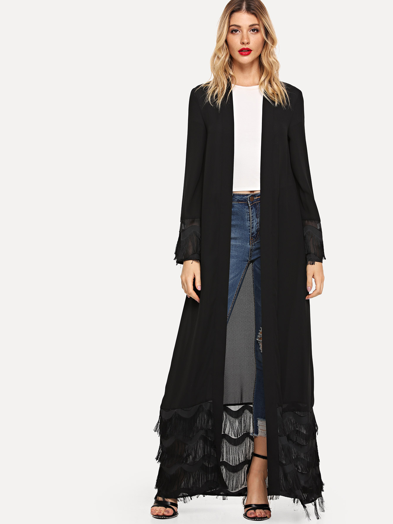 Layered Fringe Embellished Self Belted Hijab Dress