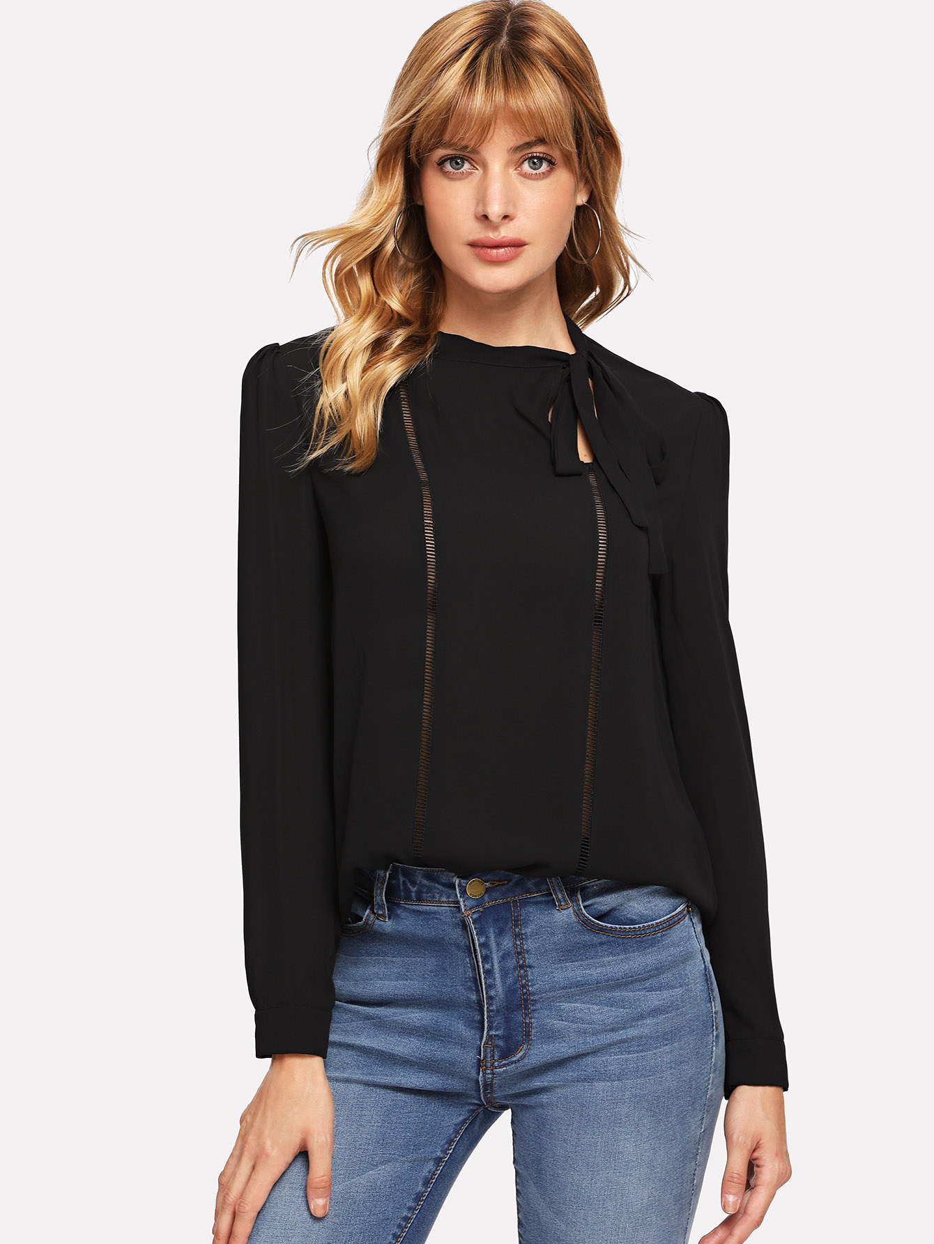 Tie Neck Lace Insert Button Верхняя часть манжеты
