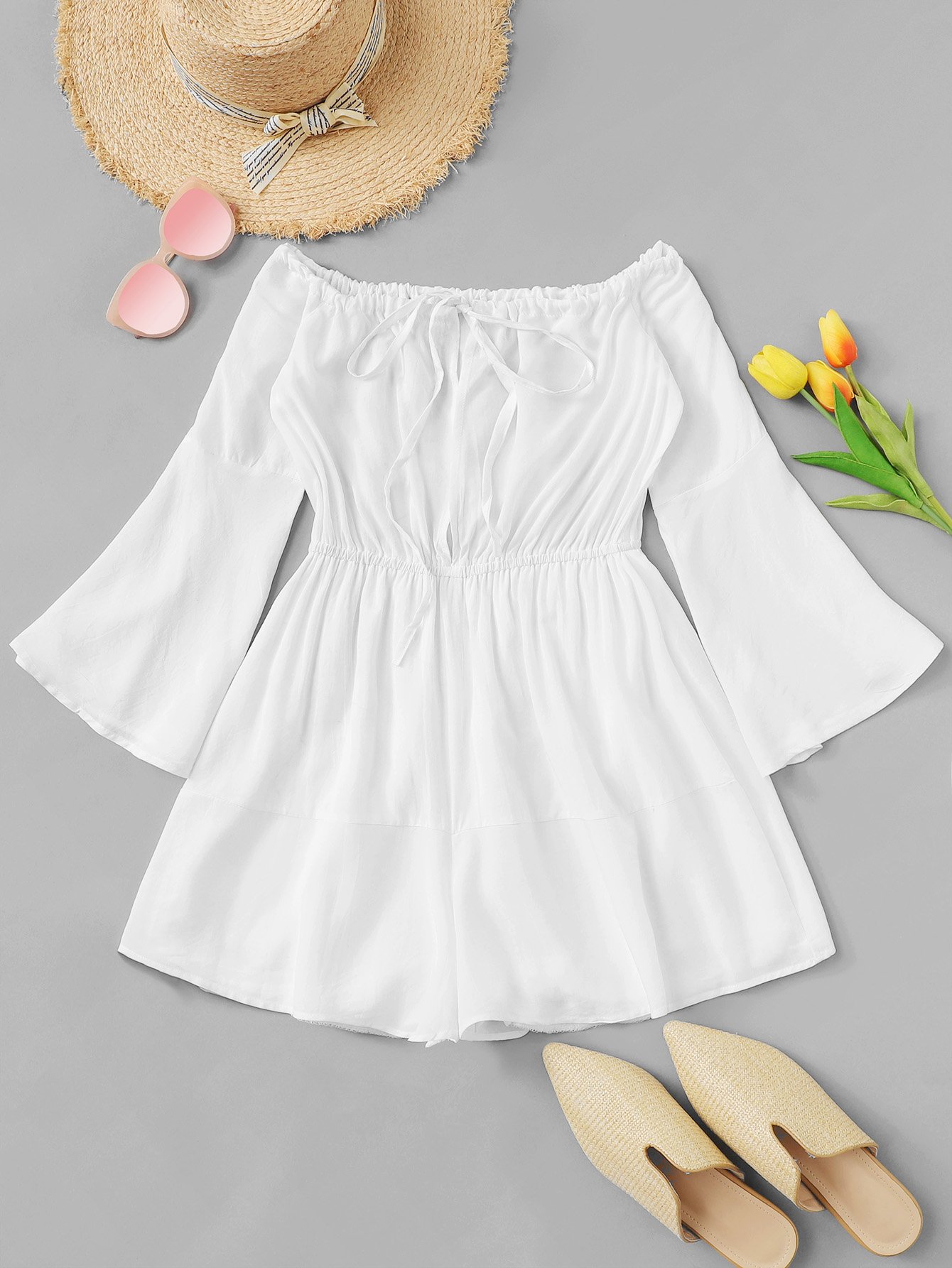 Bardot Drawstring Detail Flounce Sleeve Romper