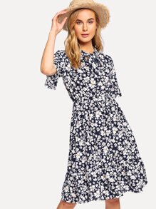 Tie Neck Calico Print Dress