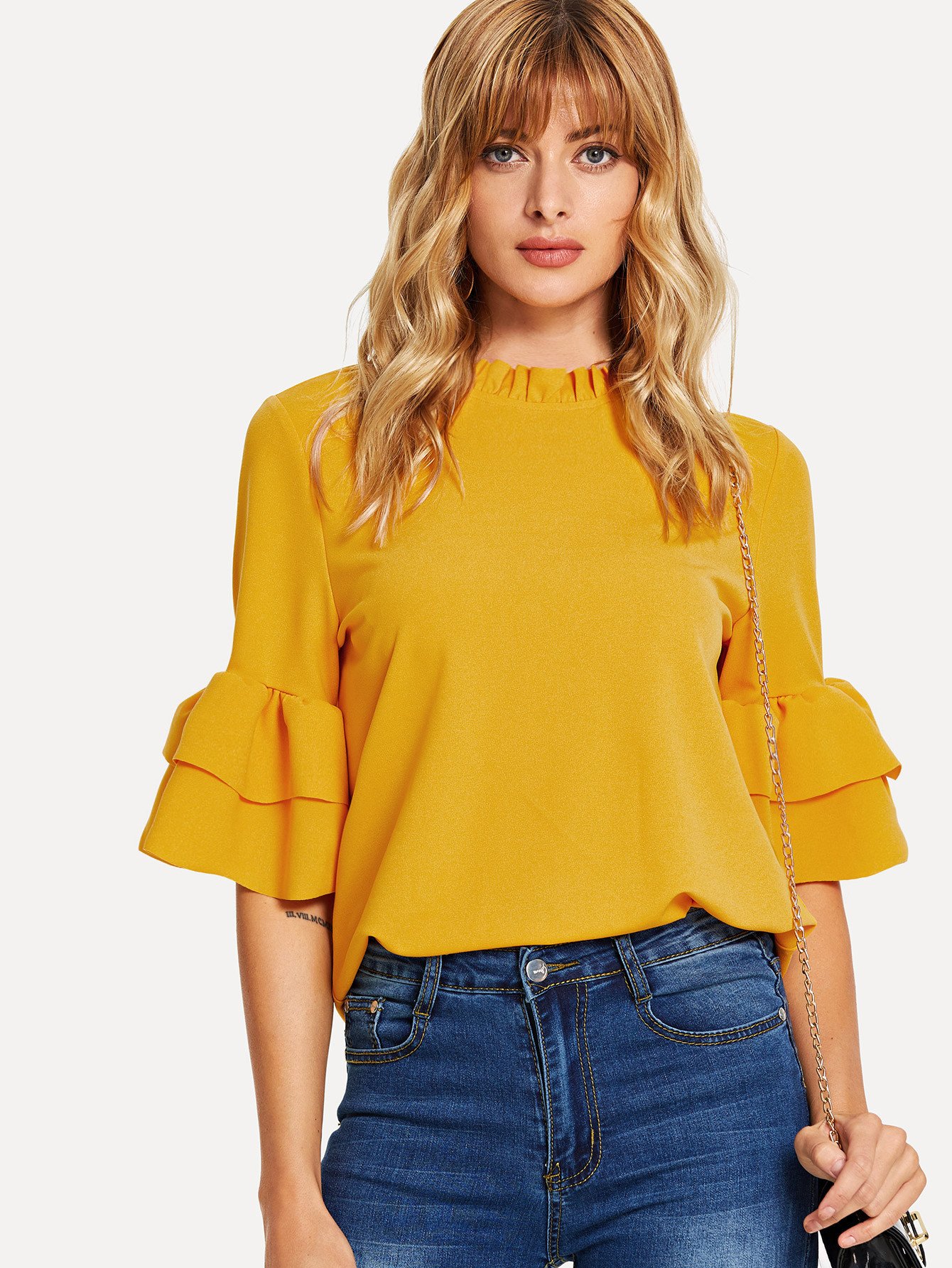 Фрикционная шея Flounce Sleeve Keyhole Back Top