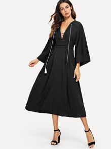 Plunging Kimono Sleeve Tassel Tie Dress