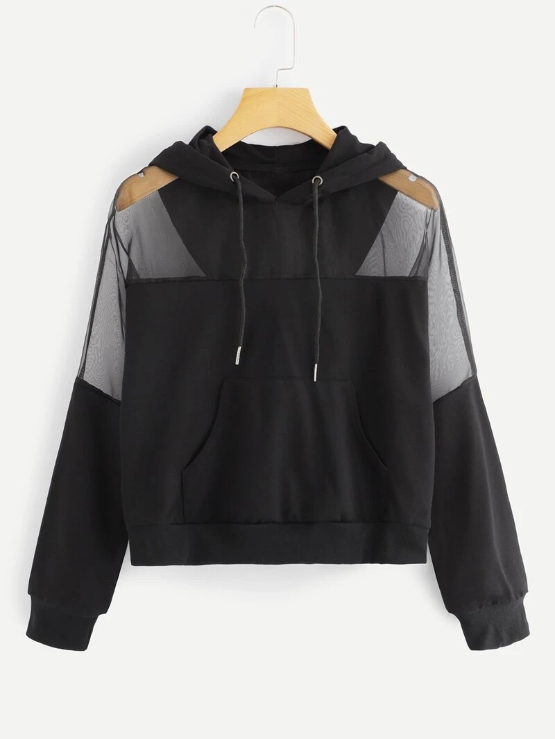 Solid Mesh Sheer Panel Panel Solid Hoodie Hoodie Sheer Sheer Mesh Mesh zPPxwBAn