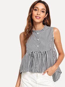 Single Breasted Striped Ruffle Hem Blouse