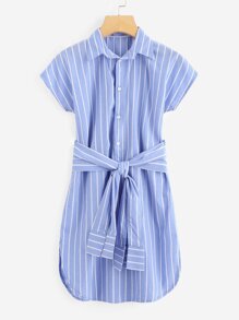 Striped Single Breasted Belted Dress