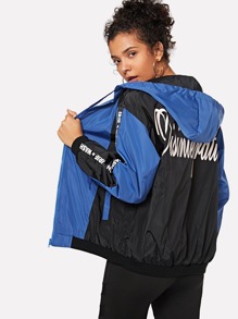 Letter Tape Color Block Hooded Jacket