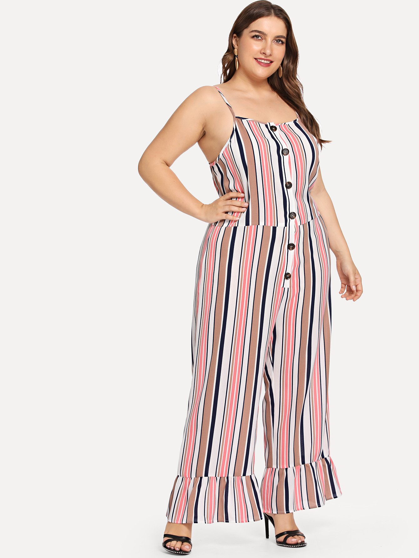 Плюс Кнопка Фронт Ruffle Hem Striped Cami Jumpsuit