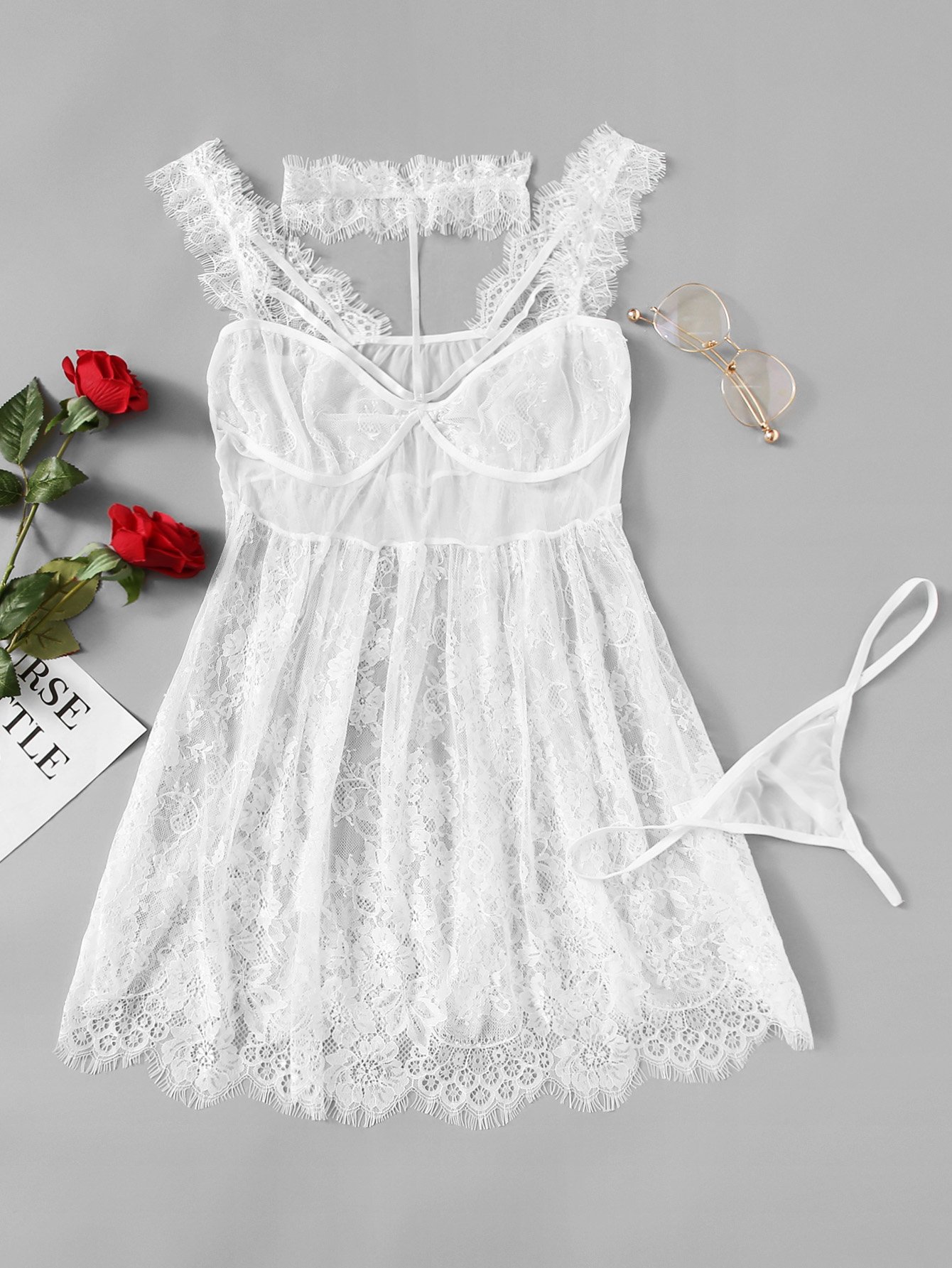 Plus Mesh Insert Floral Lace Dress With Thong