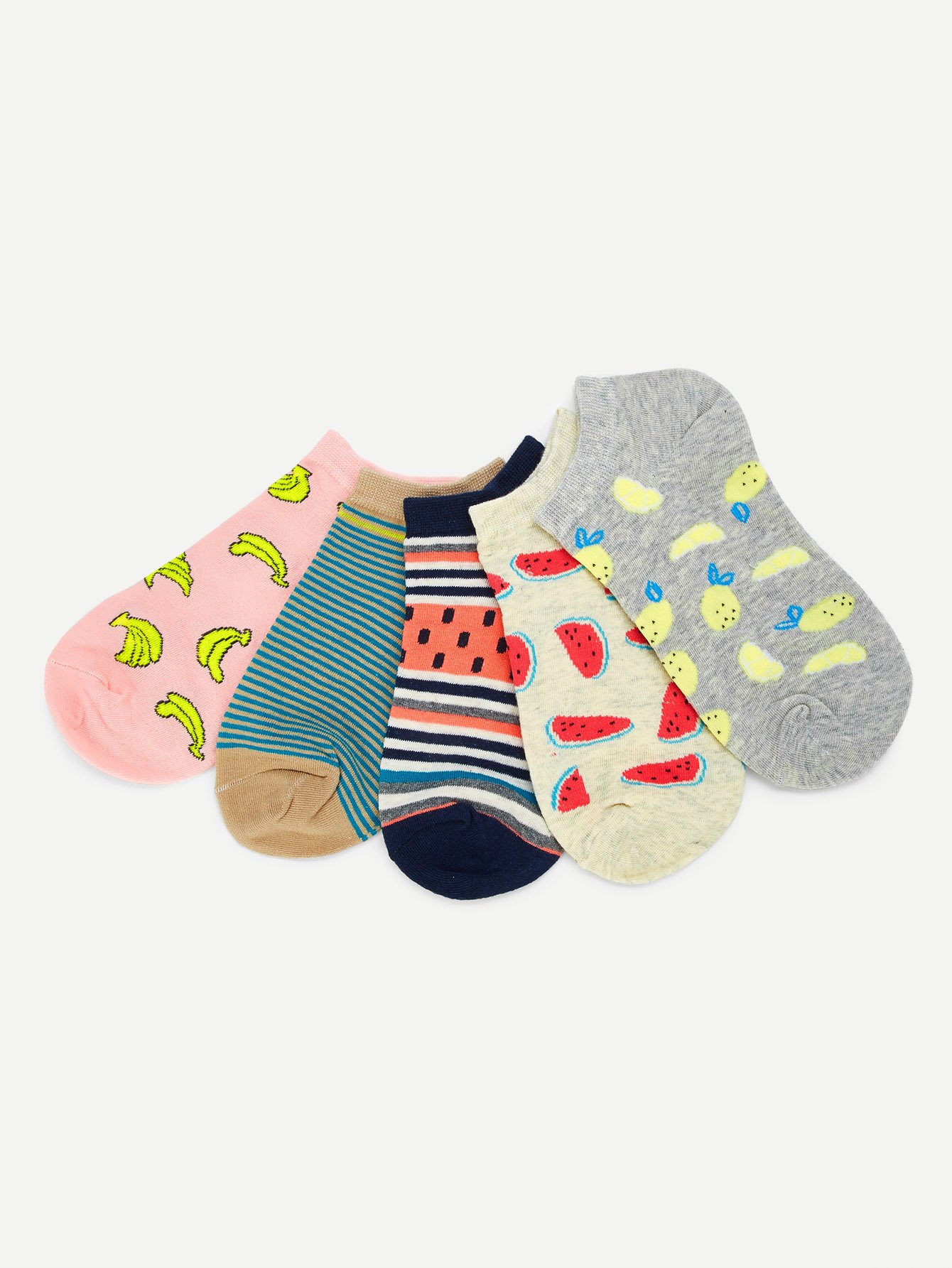 Fruit Print And striped Ankle Socks 5 Pairs