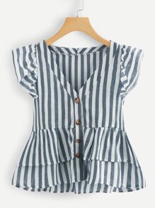 V Neckline Single Breasted Striped Babydoll Top