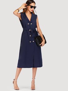 Button Decoration Sleeveless Solid Dress