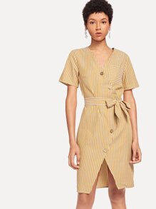 Button Decoration Striped Pointed Hem Dress