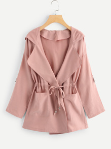 Solid Drawstring Waist Hooded Coat